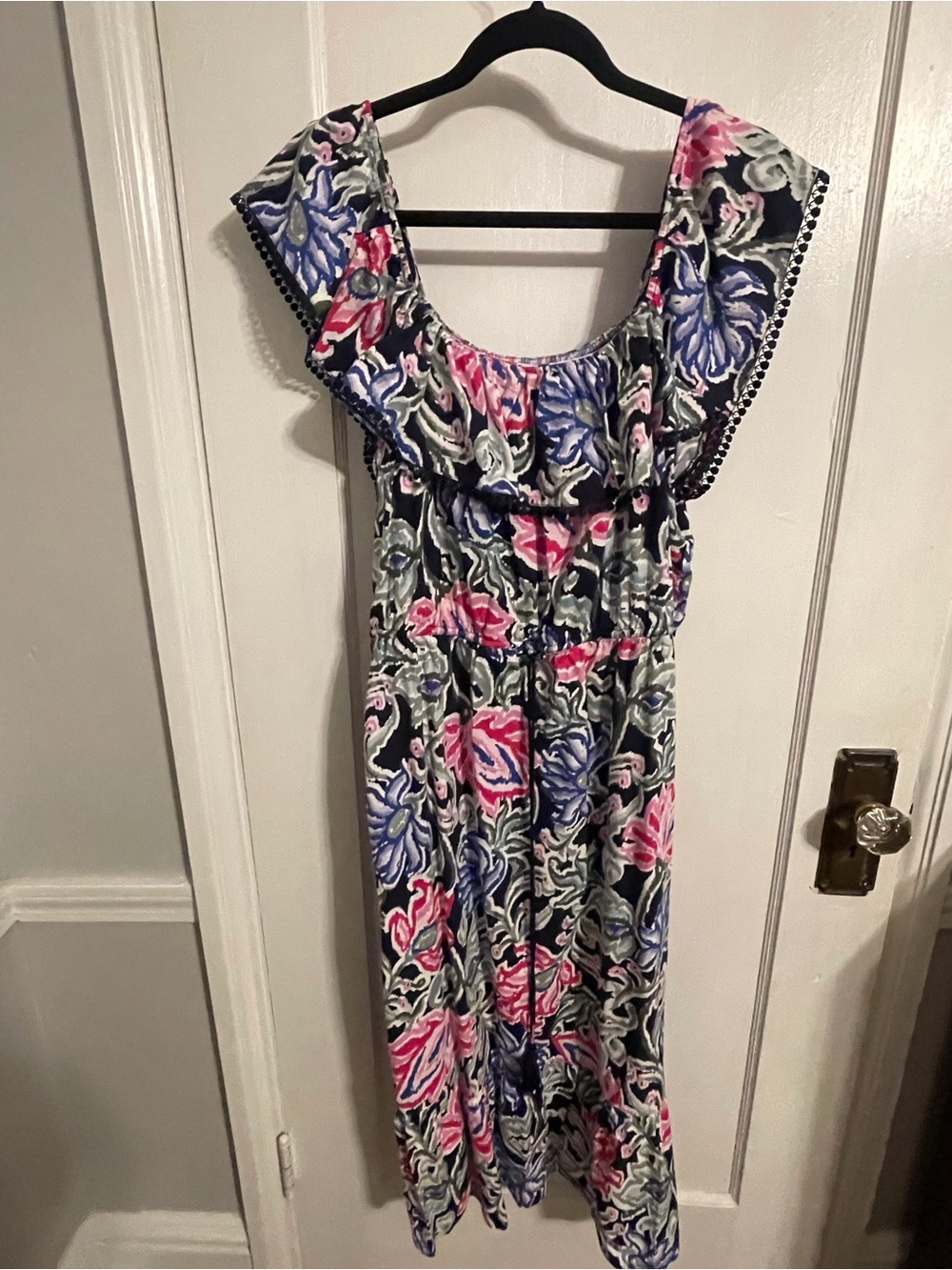 LOFT Floral Midi Dress in Pink, Blue, Green on Black